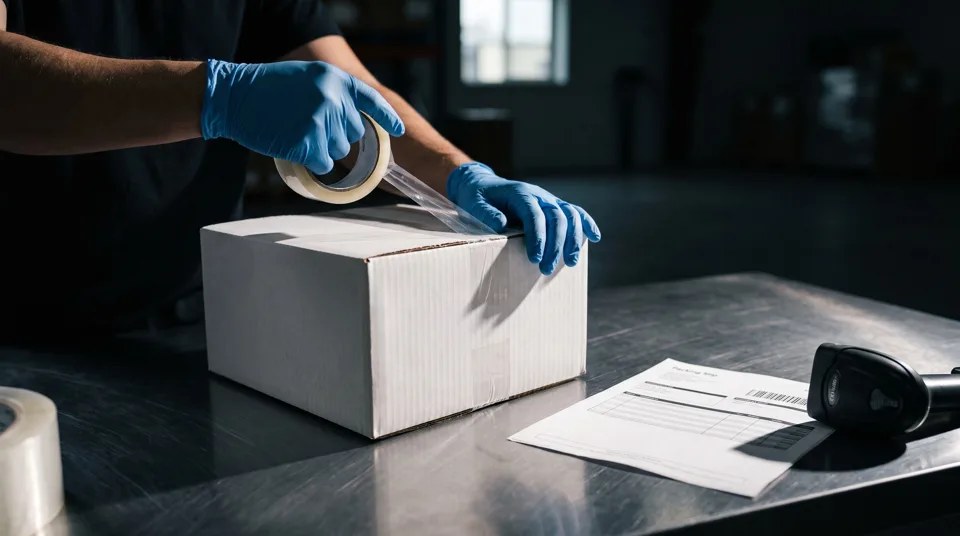 Representative packing bench with a gloved associate taping a shipping carton