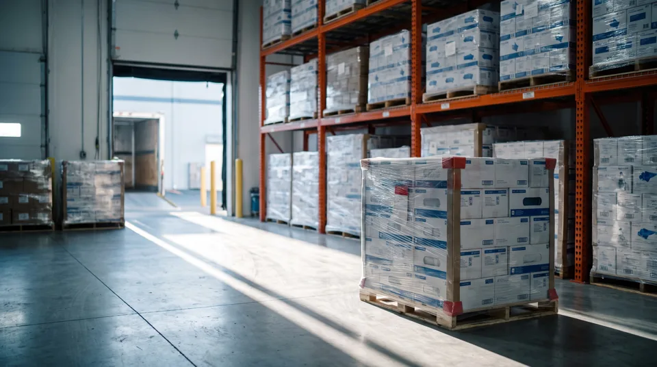 Representative warehouse aisle with pallets of boxed medical supplies on racking